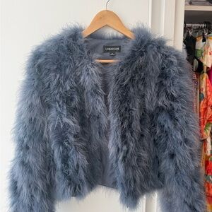 Lamarque Dusty Blue Faux Feather Cropped Jacket
